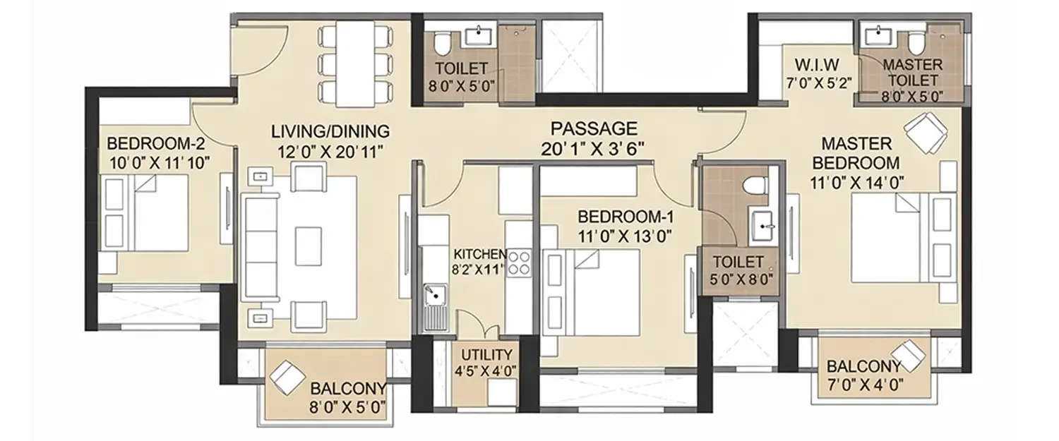 Floor plan for 3 BHK
