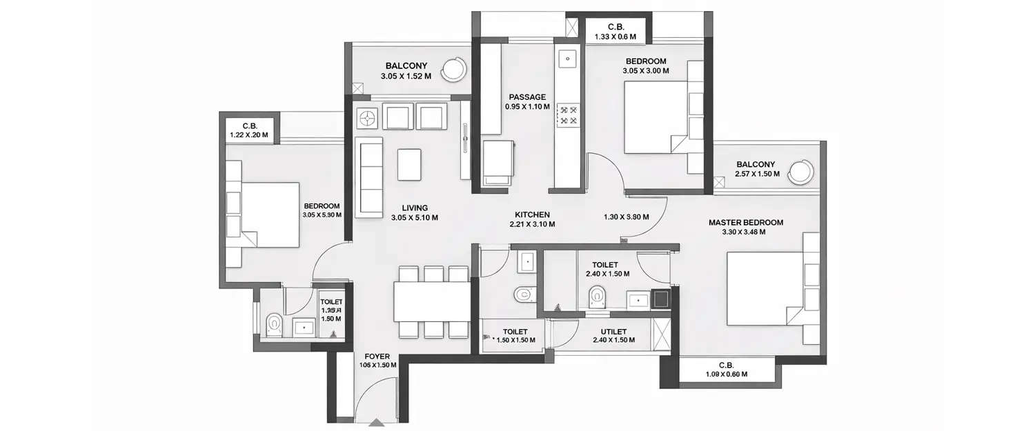 Floor plan for 3 BHK