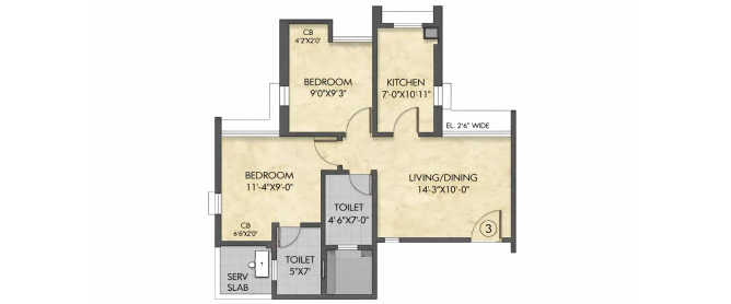 Raymond Realty Pokhran Road 1 - Floor plan 2 BHK 516 Sq.ft