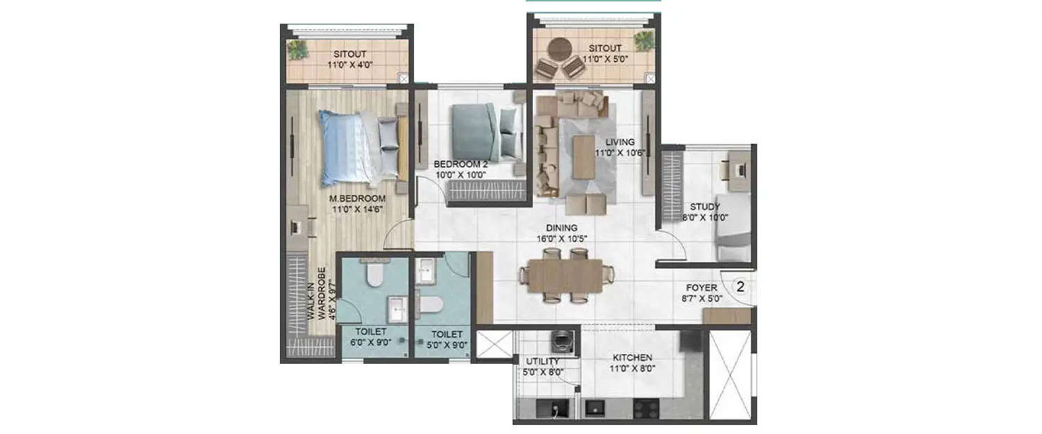 Floor plan for 3 BHK