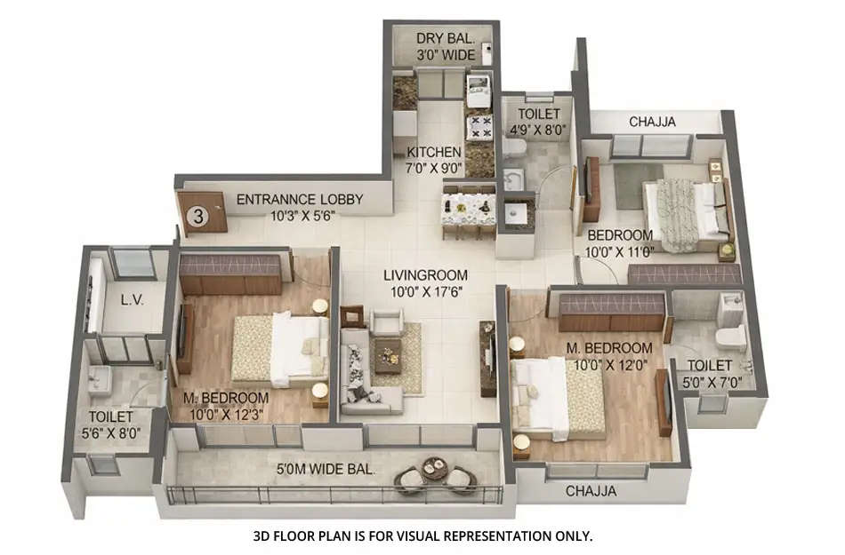 Floor plan for 3 BHK