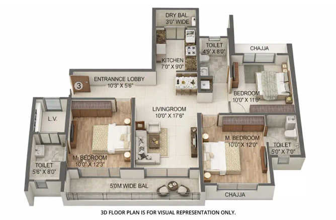 Paradise Sai Platinum Kharghar - Floor plan 3 BHK 956 Sq.ft