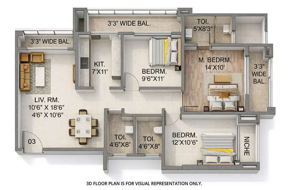 Floor plan for 3 BHK