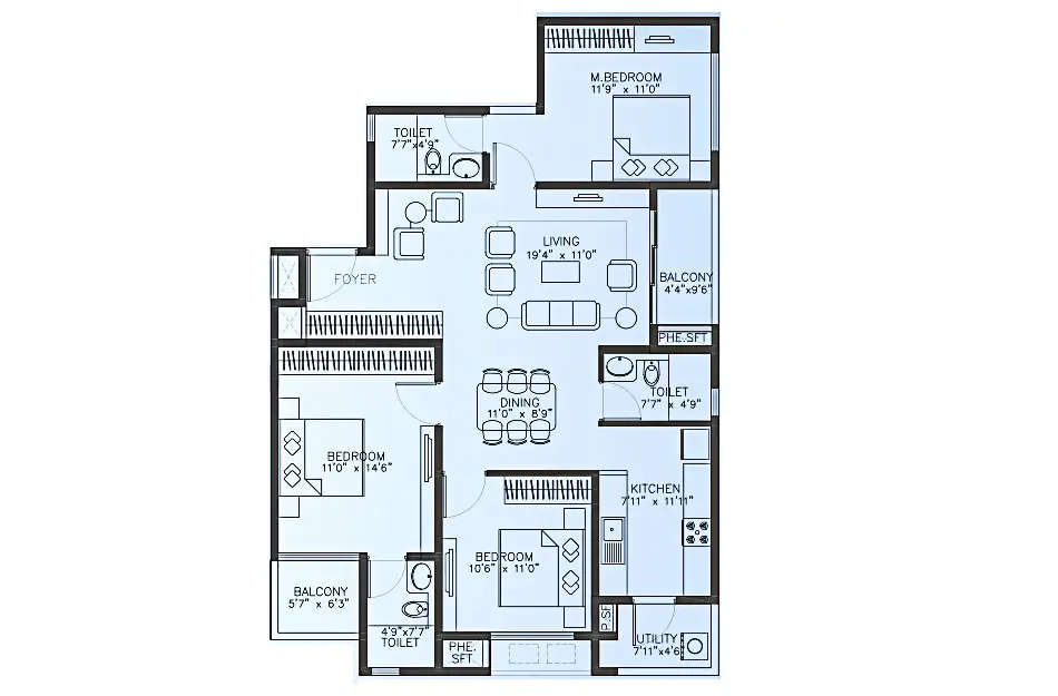 Floor plan for 3 BHK