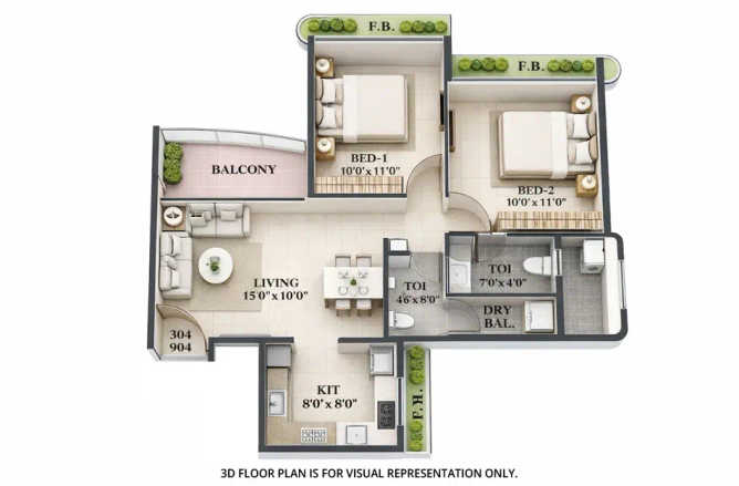 Tricity Palacio Seawoods - Floor plan 2 BHK 592 Sq.ft