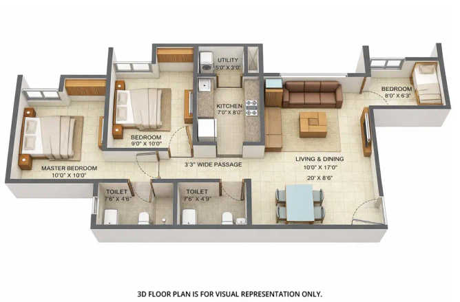 Lodha Aquaville Series Dombivali - Floor plan 3 BHK 679 Sq.ft