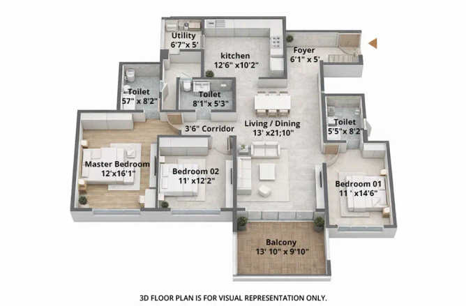 Bramhacorp Sun Valley Bavdhan - Floor plan 3 BHK 1364 Sq.ft