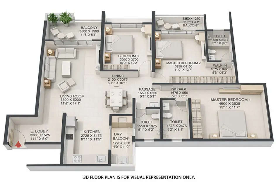 Floor plan for 3 BHK