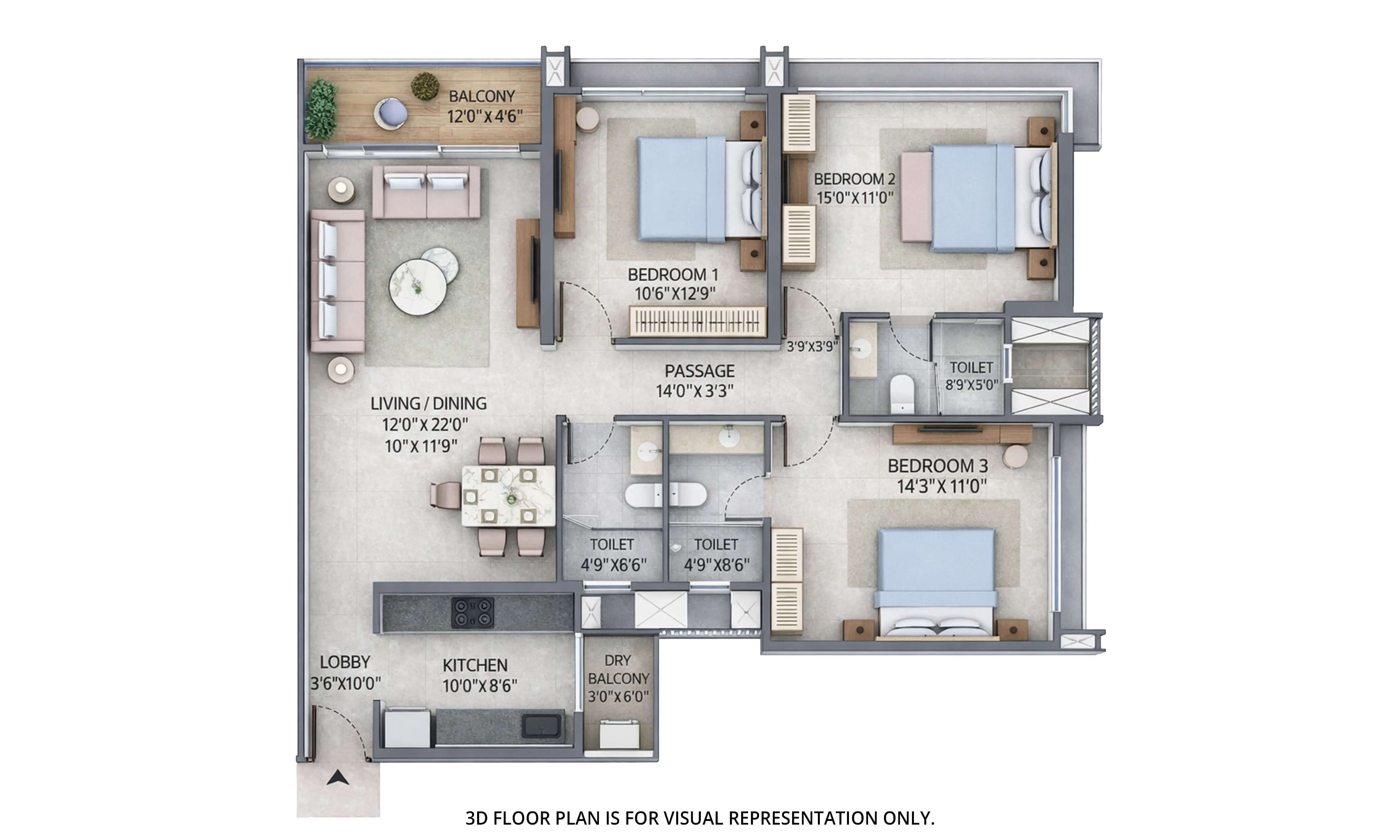 Floor plan for 3 BHK