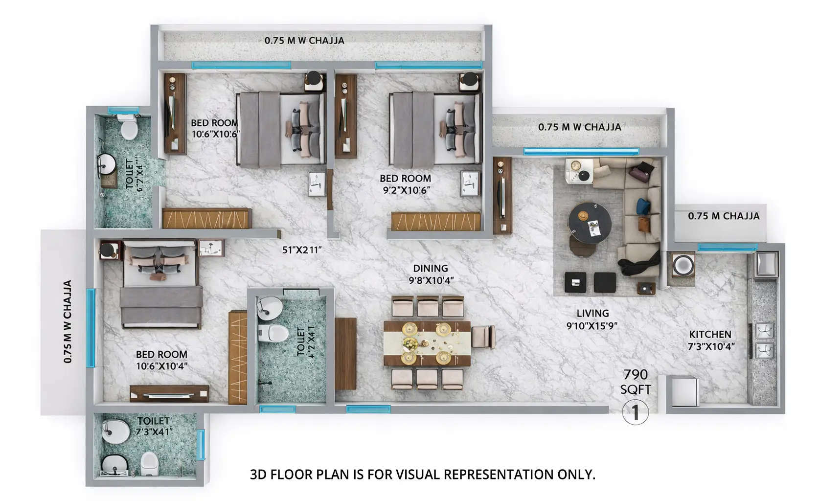 Floor plan for 3 BHK