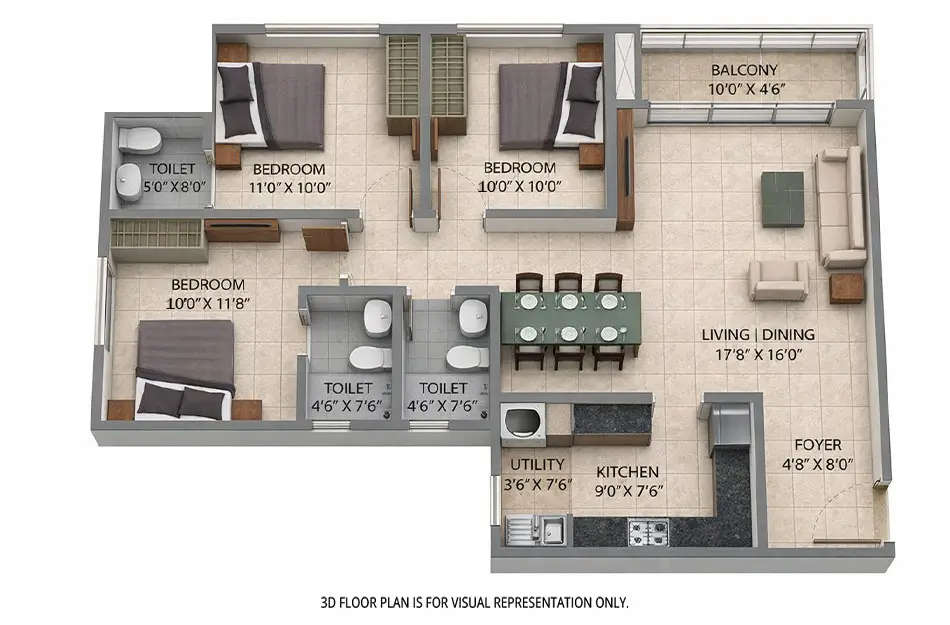 Floor plan for 3 BHK
