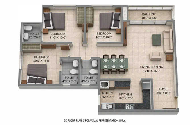 Provident Park Square Kanakapura - Floor plan 3 BHK 1106 Sq.ft