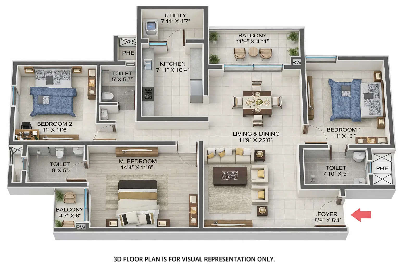 Floor plan for 3 BHK