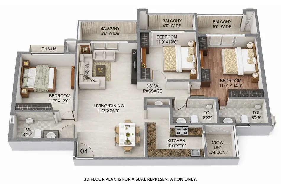 Floor plan for 3 BHK