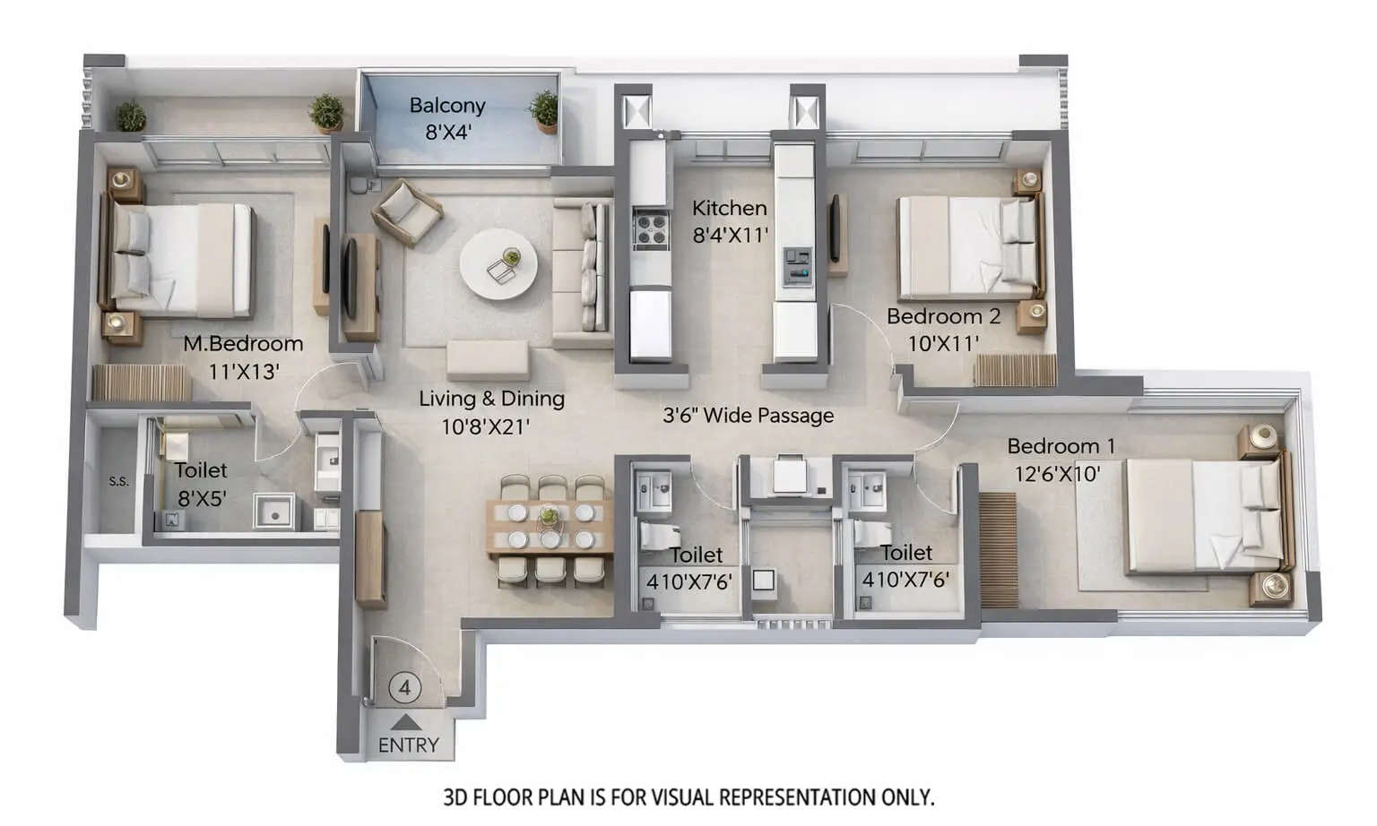 Floor plan for 3 BHK