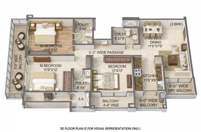 Sai World Legend Ulhasnagar - Floor plan 3 BHK 1053 Sq.ft