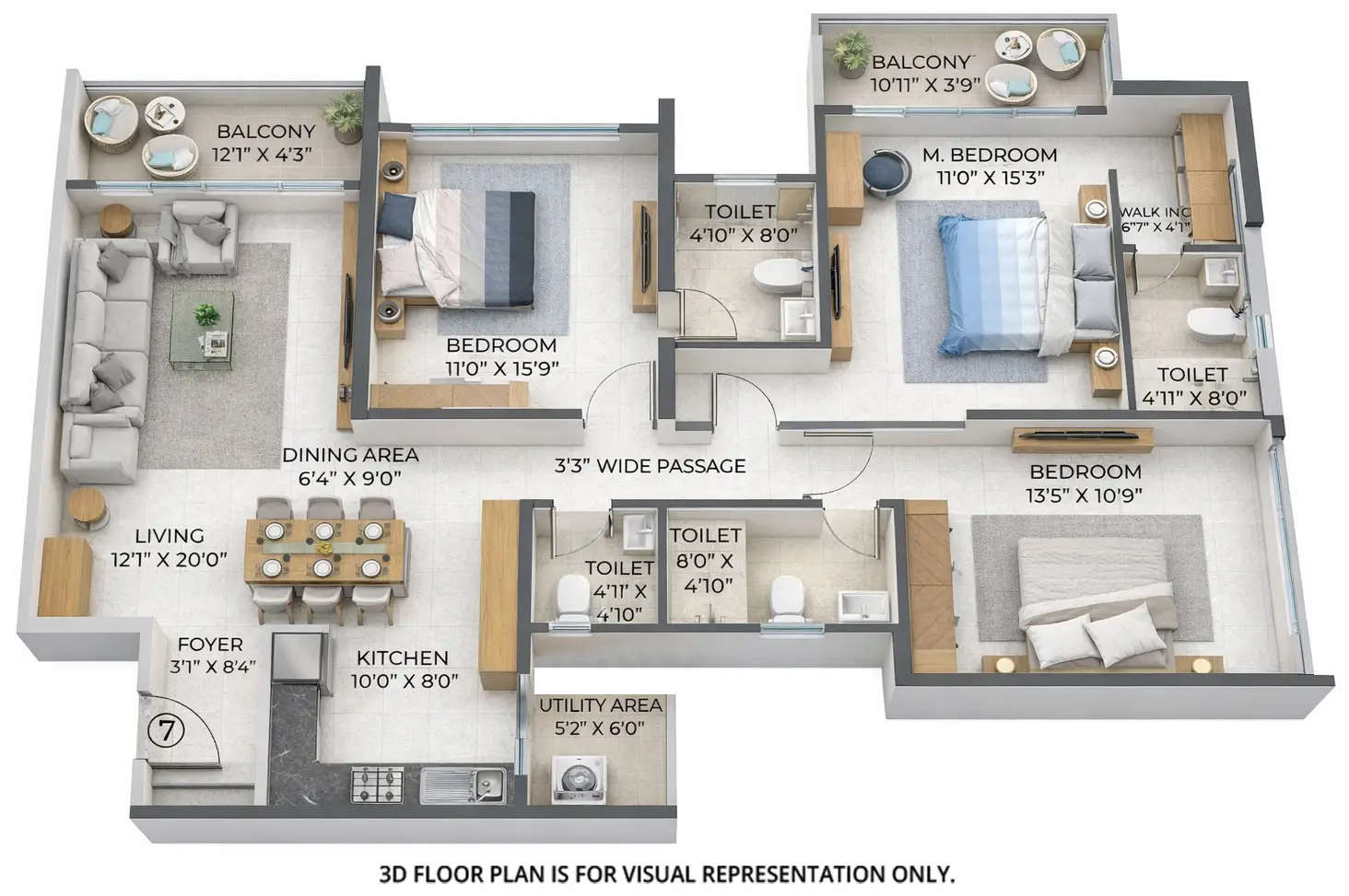 Floor plan for 3 BHK