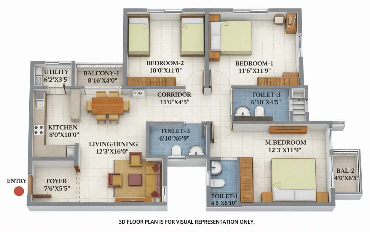 Floor plan for 3 BHK