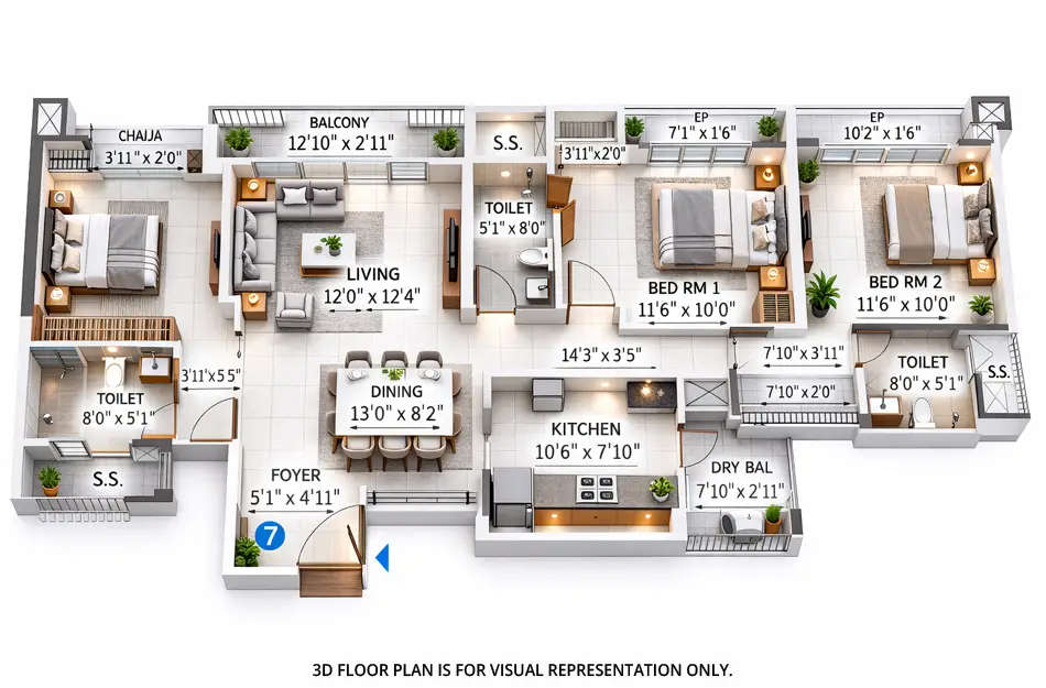 Floor plan for 3 BHK