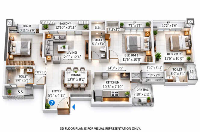 Shapoorji Northern Lights Pokhran Road 2 - Floor plan 3 BHK 1181 Sq.ft
