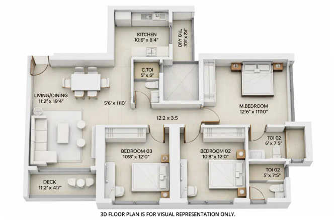 Embassy One Pokhran Road 2 - Floor plan 3 BHK 1090 Sq.ft