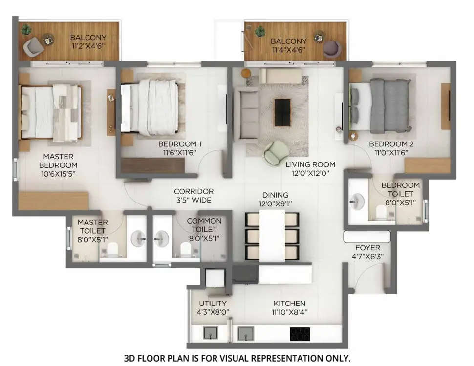 Floor plan for 3 BHK