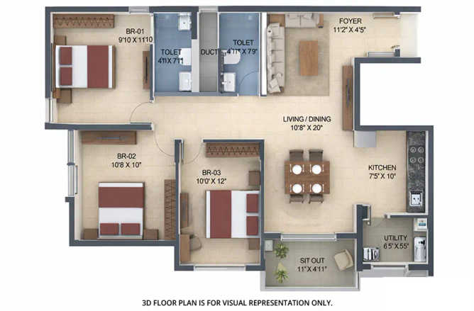 SNN Estates Felicity Thanisandra - Floor plan 3 BHK 1345 Sq.ft