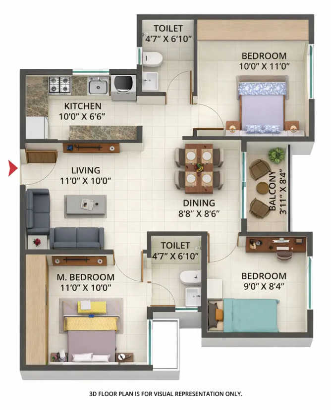 Sattva Aeropolis Boovanahalli - Floor plan 3 BHK 1004 Sq.ft