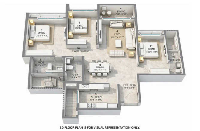 Rustomjee Urban Woods Dombivali - Floor plan 3 BHK 896 Sq.ft