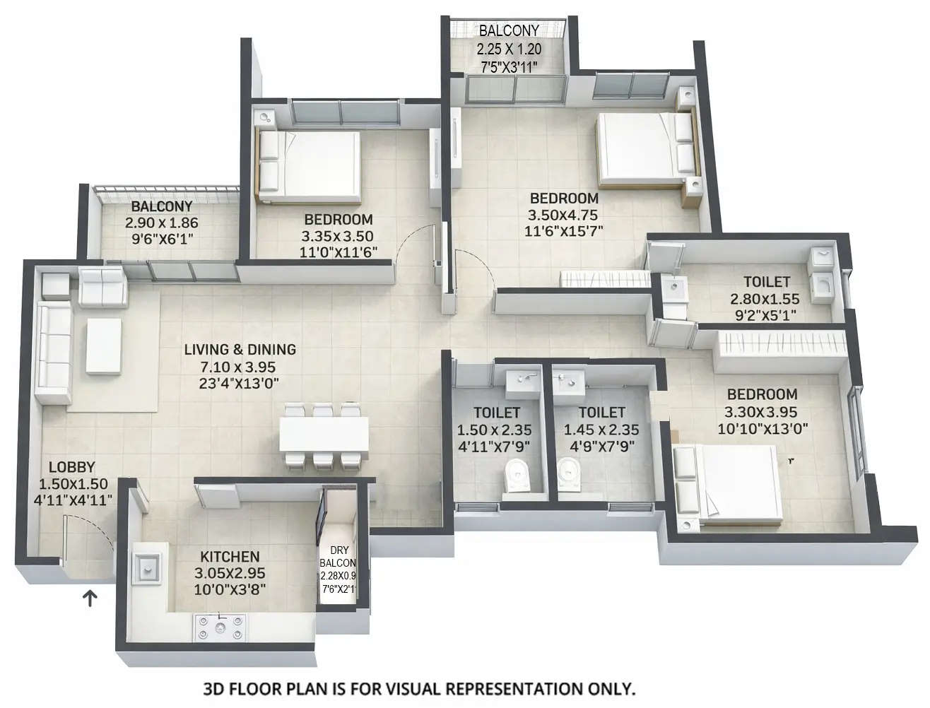 Floor plan for 3 BHK