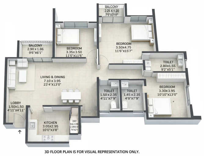 VTP Flamante Kharadi - Floor plan 3 BHK 1230 Sq.ft