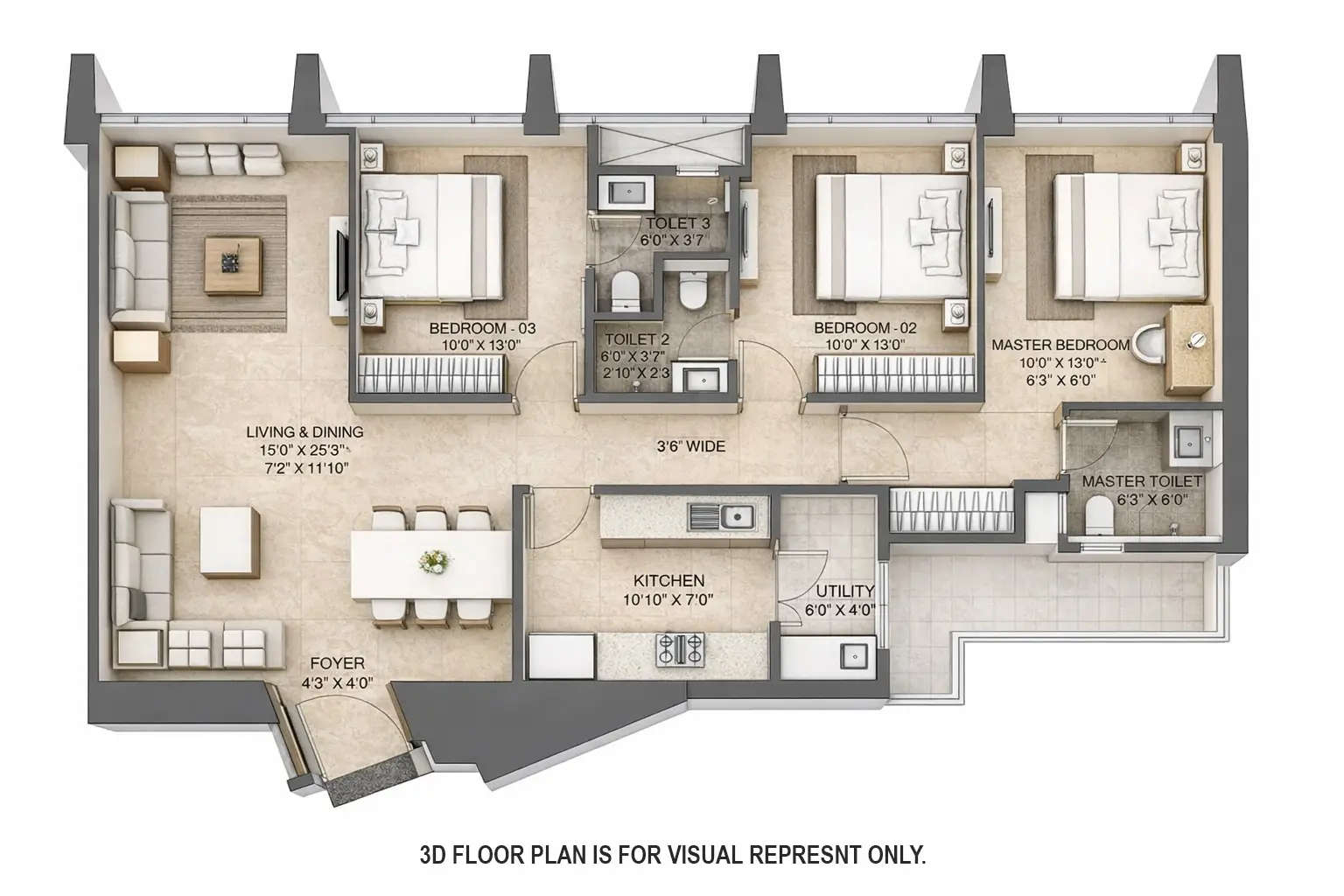 Floor plan for 3 BHK