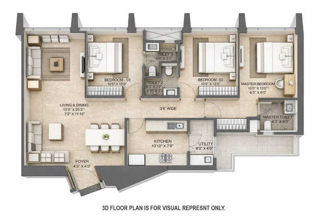 Lodha The Park Worli - Floor plan 3 BHK 1193 Sq.ft