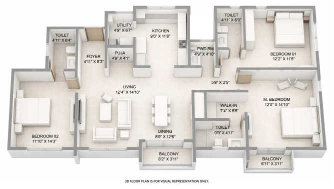 Birla Ojasvi Rajarajeshwari Nagar - Floor plan 3 BHK 1282 Sq.ft