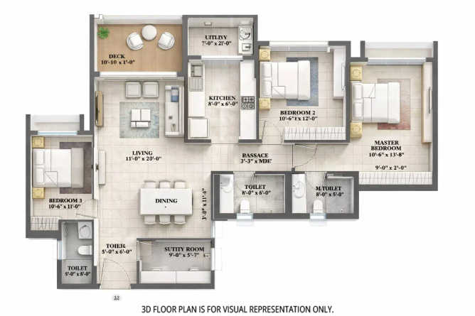 Lodha Riservo Vikhroli - Floor plan 3.5 BHK 1216 Sq.ft