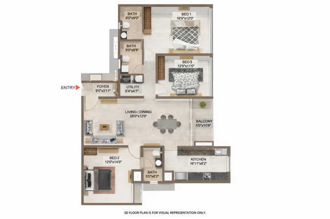 Casagrand Mercury Perambur - Floor plan 3 BHK 1949 Sq.ft