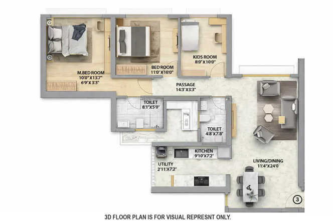 Runwal Sunflower Kanjurmarg - Floor plan 3 BHK 885 Sq.ft