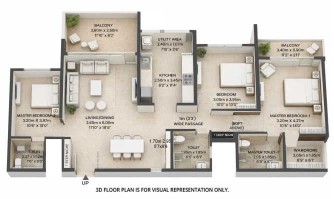 Mahindra IvyLush Wagholi - Floor plan 3 BHK 1237 Sq.ft