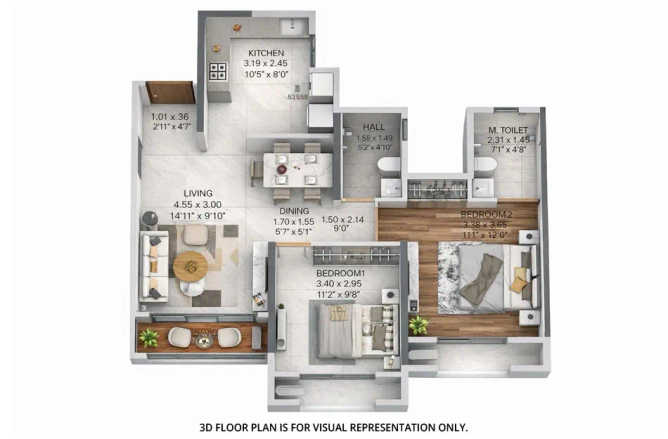 Dosti West County Balkum - Floor plan 2 BHK 695 Sq.ft