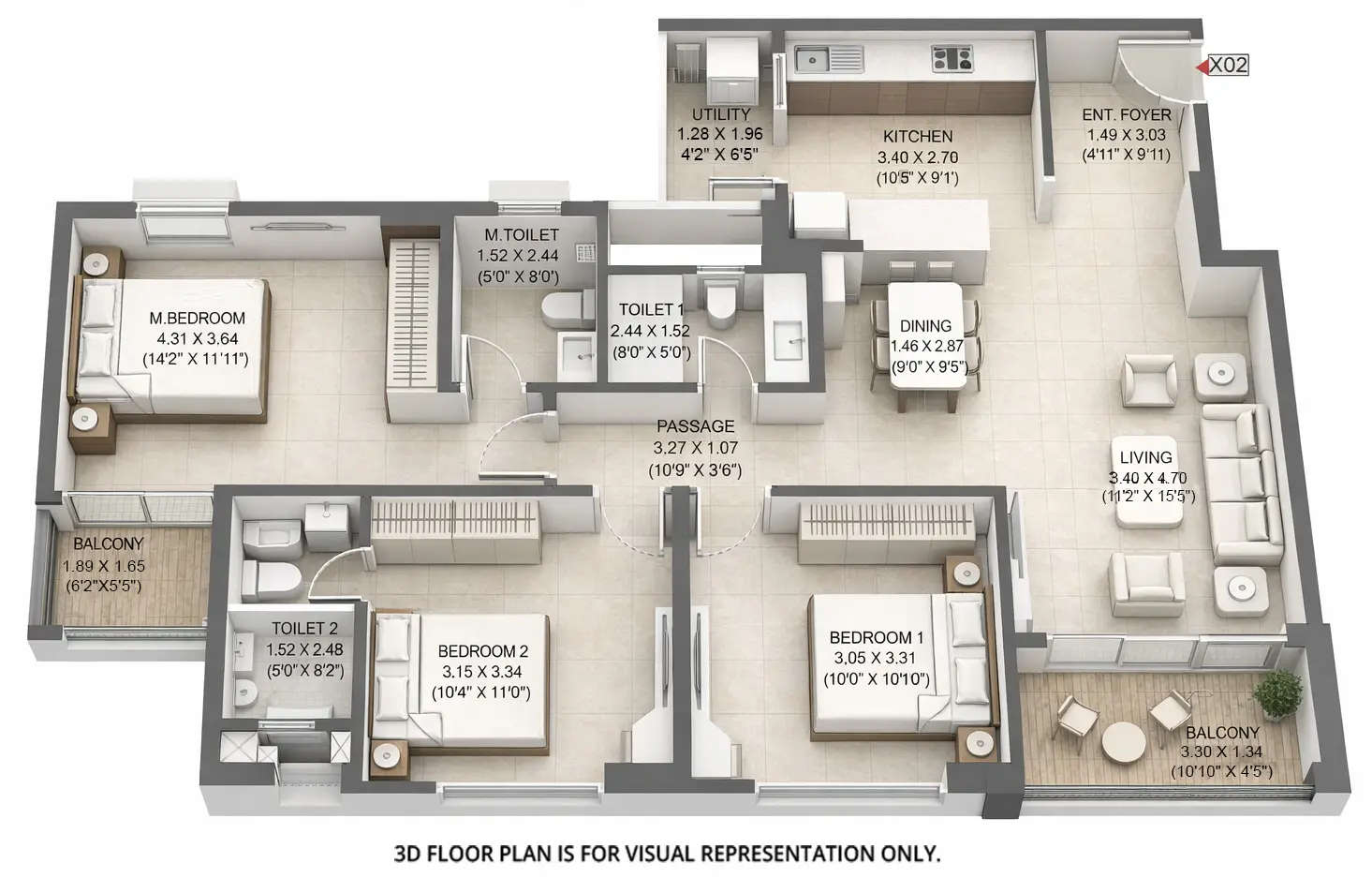 Floor plan for 3 BHK
