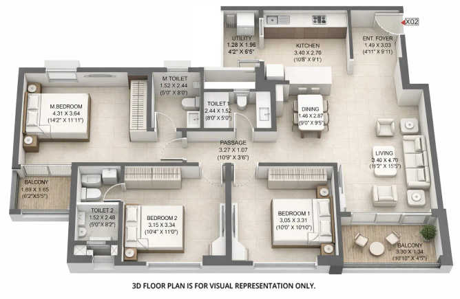Godrej Ivara Kharadi - Floor plan 3 BHK 1100 Sq.ft