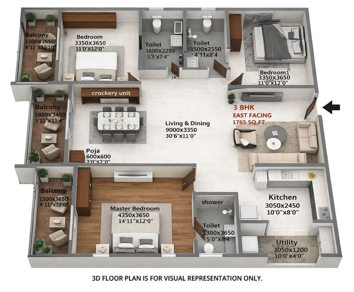 Floor plan for 3 BHK