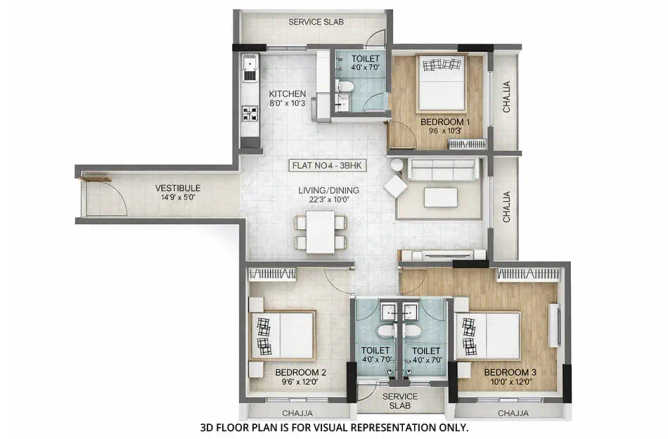 Haware Intelligentia Forever Vashi - Floor plan 3 BHK 1039 Sq.ft