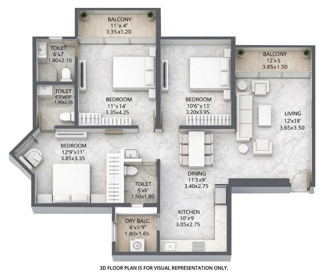 Floor plan for 3 BHK