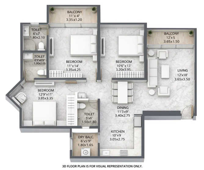 Mantra Melange Kharadi - Floor plan 3 BHK 1177 Sq.ft