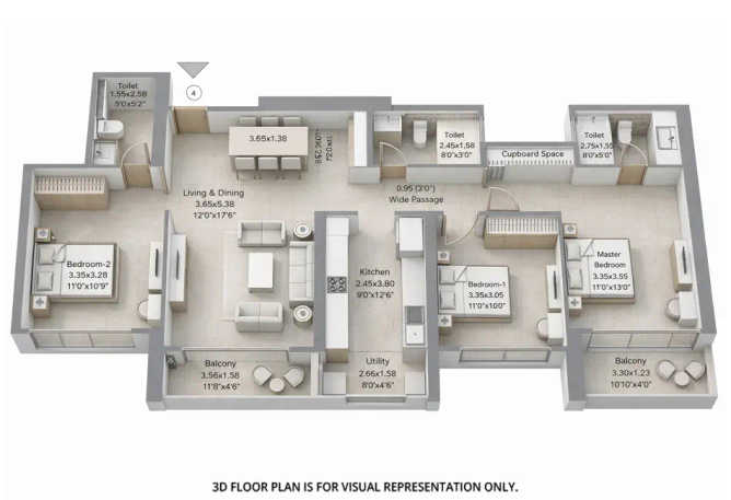 L & T Evara Heights Majiwada - Floor plan 3 BHK 1088 Sq.ft
