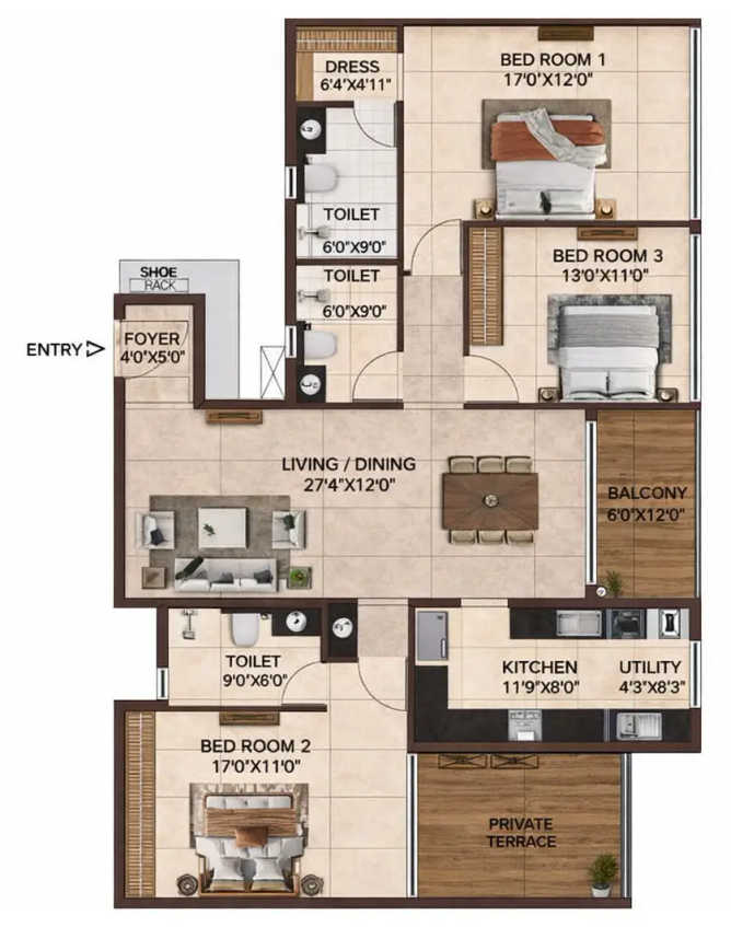 Casagrand Jarvis Siruseri - Floor plan 3 BHK 1902 Sq.ft