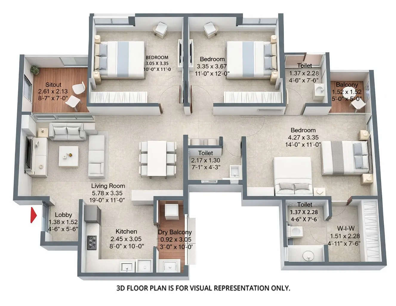 Floor plan for 3 BHK