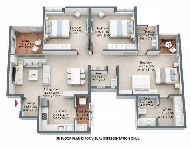 Kohinoor Punawale Pimpri Chinchwad - Floor plan 3 BHK 1070 Sq.ft
