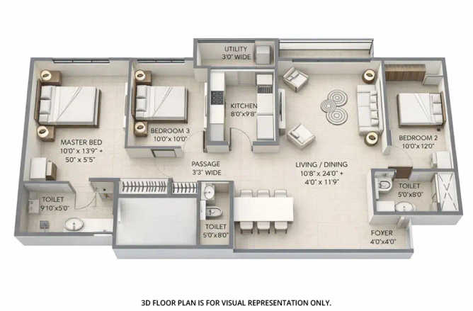Lodha Sterling Kolshet Road - Floor plan 3 BHK 968 Sq.ft